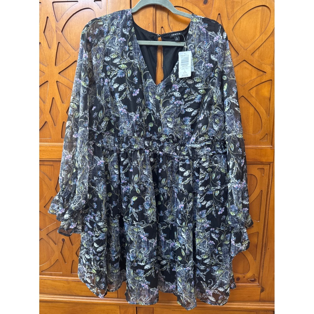 Torrid Floral Chiffon Lurex Tiered Mini Dress Black Multi 1X 14-16 40895085